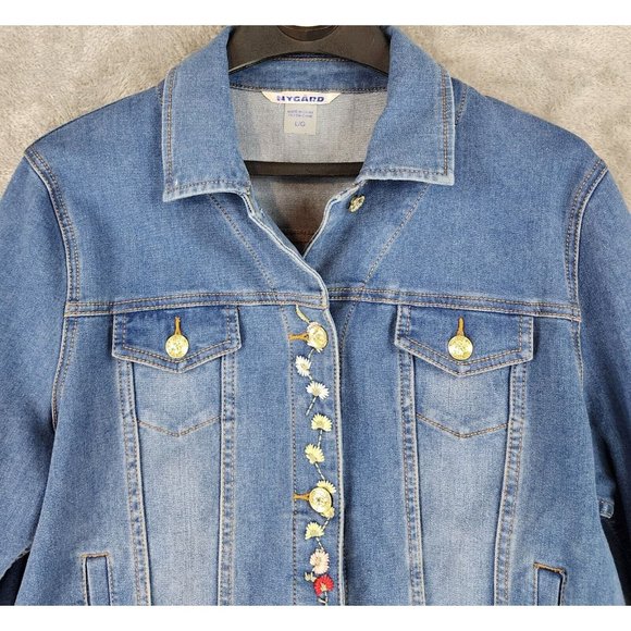 Nygard Jean Jackets Womens Large Blue Floral Embroidered Distressed Button Up - Picture 7 of 13